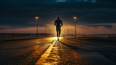 Picture of a runner running alone on the road at clam night, morning light, with space for text.の素材