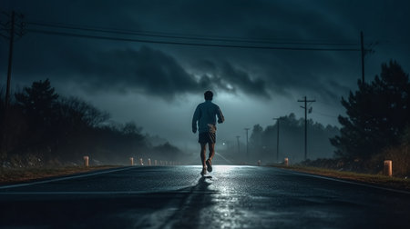Picture of a runner running alone on the road at clam night, morning light, with space for text.の素材