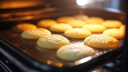 Macro shot of bread cookies baking in the oven. christmas cookies, homeade cokkiesの素材