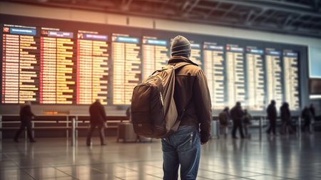 a man with a backpack in front of an airport board, in the style of brown and gray, candid, associated press photo, precisionist, collecting and modes of display, bold and busy, manapunkの素材