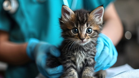 close-up of an Image of a veterinarian checking up on a little kitten in the clinic.の素材