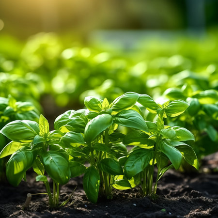 Fresh green leaves of aromatic thai sweet basil herb growing in organic garden. thai sweet Basil plant with green leaves ready to cook.の素材