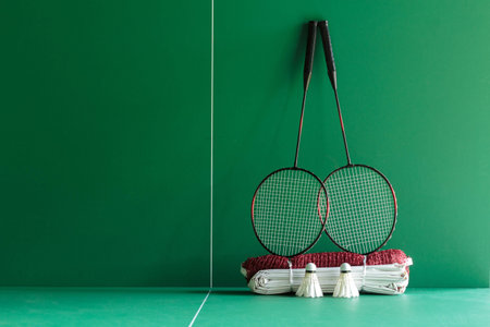 racket badminton on net and shuttlecock