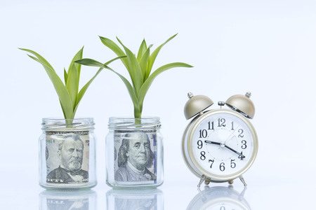 Money growing plant step with deposit bank note in bank conceptのeditorial素材