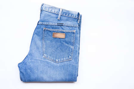 Blue jeans stack of denim pants, composition, denim texture, copy space for text information jean.の写真素材