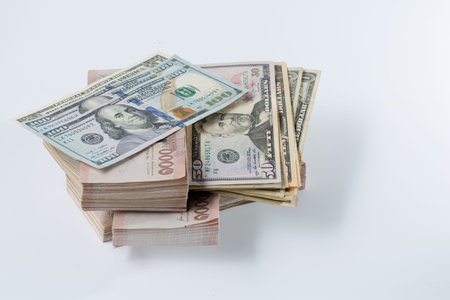 Dollar money with bath Thai. One dollar bills change 32-35 bath Thai, change money concept.