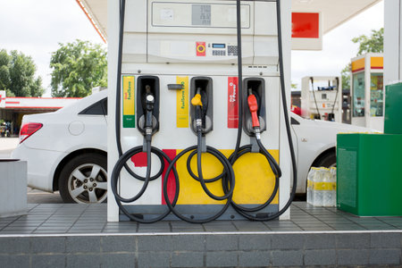 Gasohal,pretrol,diesel  station petrol car in line fuel up. concept business industry and transporation.relatively high price during war concept.のeditorial素材