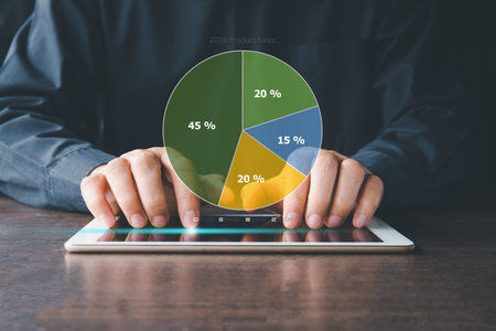 Businessman use a pie chart from data on tablet, circle diagram. Business analytics concept