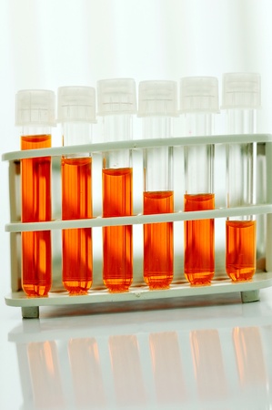 Test tubes with colored reagentの写真素材