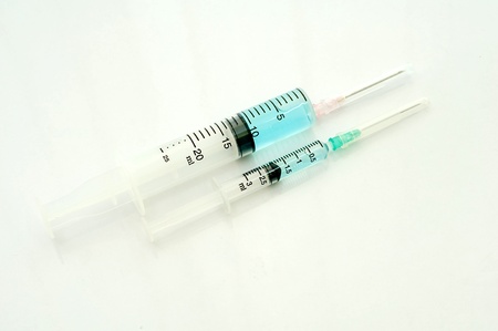 A two syringe with azure solutionの写真素材