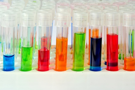 A row of colorful reagent tubesの写真素材