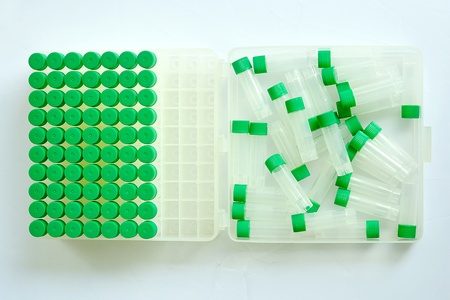 A box of green cap microtubes, top viewの写真素材