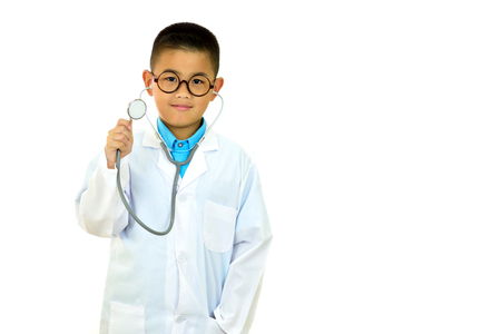 Portrait of Asian boy doctor on white backgroundの写真素材
