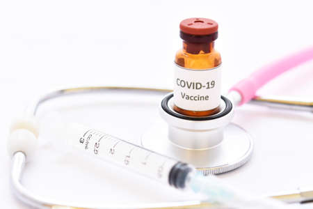 Vial of COVID-19 virus vaccine for injectionの写真素材