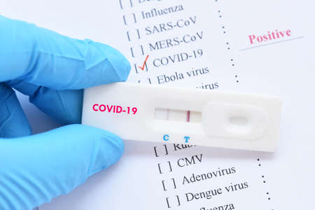 Positive test result by using rapid test device for COVID-19 virusの写真素材