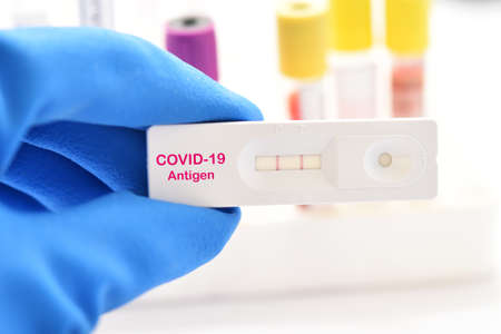 COVID-19 positive test result by using rapid card test for COVID-19 antigenの写真素材