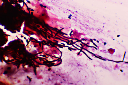 Many of septate hyphae or fungus cells in sputum smear, specimen from AIDS patient, analyze by...
