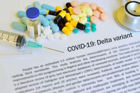 COVID-19 Delta variant treatment, syringe with many drugs for Delta variant of COVID-19 treatmentの写真素材
