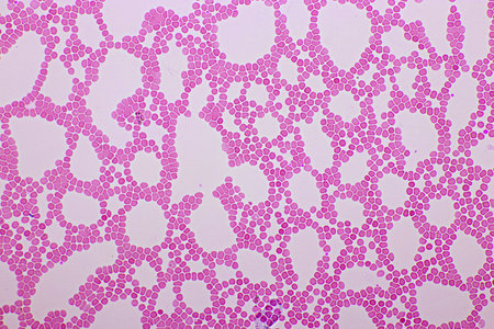 Red blood cells and white blood cells in blood smear, Wright-Giemsa stain, analyze by microscope, 10xの写真素材