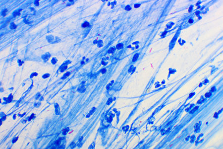 Mycobacterium tuberculosis positive (small red rod) in sputum smear, acid-fast stain, analyze by...
