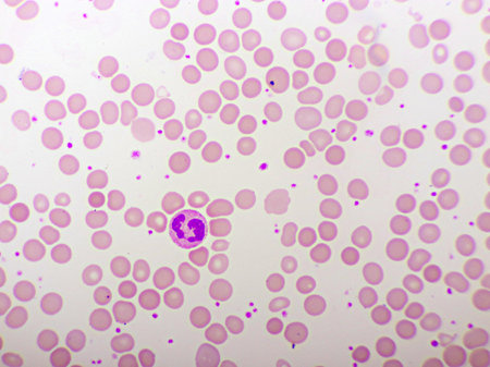 Segmented neutrophil cell in human blood smear, analyze by microscope, original magnification 1000xの写真素材