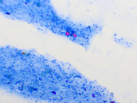 Cryptosporidium parvum protozoa positive (red sphere shape) in human stool smear, oocyst stage, acid-fast stain, analyze by microscopeの写真素材