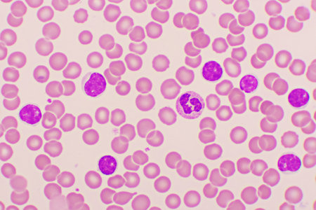 Blood picture of chronic lymphocytic leukemia or CLL, analyze by microscope, original magnification 1000xの写真素材