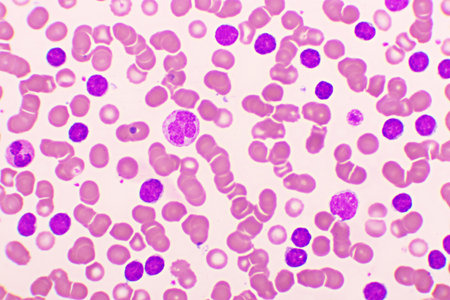 Blood picture of chronic lymphocytic leukemia or CLL, analyze by microscope, original magnification 1000xの写真素材