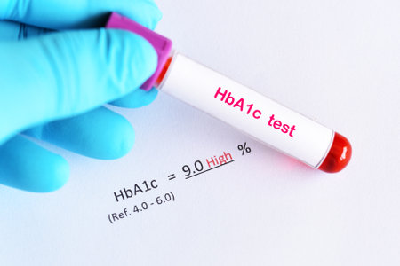 Abnormal high HbA1c test result with blood sample tubeの写真素材