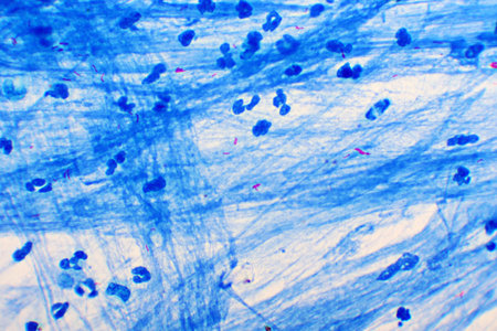 Mycobacterium tuberculosis positive (small red rod) in sputum smear, acid-fast stain, analyze by microscope 1000xの写真素材