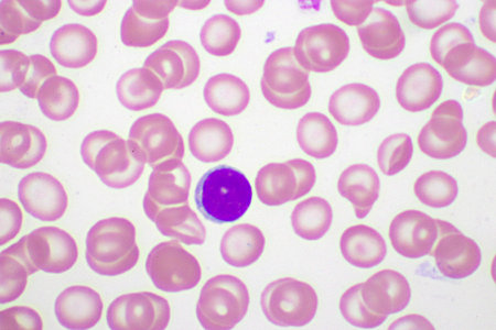 White blood cell in blood smear, analyze by microscopeの写真素材