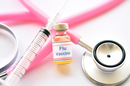 Bottle of Flu vaccine for injection, protective vaccine for influenza virusの写真素材