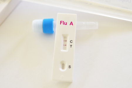 Influenza A virus positive test result by using rapid test deviceの写真素材