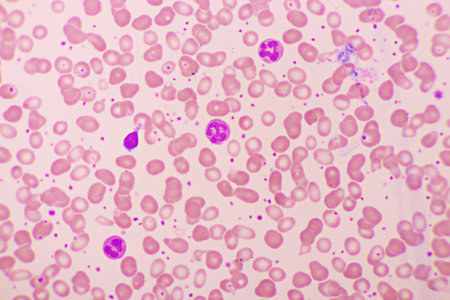 White blood cell in blood smear, analyze by microscopeの写真素材