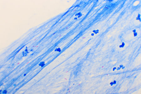 Mycobacterium tuberculosis positive (small red rod) in sputum smearの写真素材