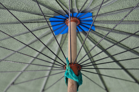 Inside view of green umbrella for background,close upの写真素材