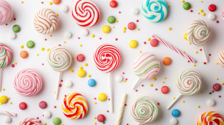 Colorful candies and lollipops on white background, top view. AI generativeの素材