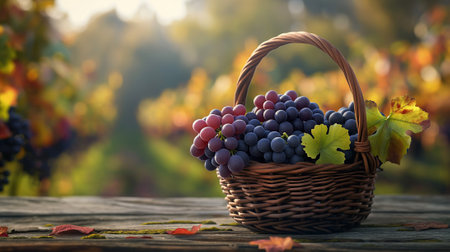 Wicker basket with fresh ripe grapes on wooden table in vineyard. AI generativeの素材