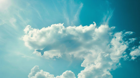 Dolphin jumping in the blue sky with white clouds. Toned.の素材