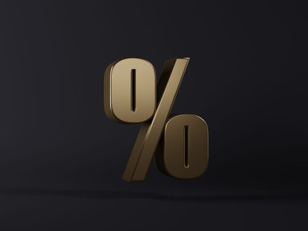Percent on dark background. 3d rendering gold metal discount
