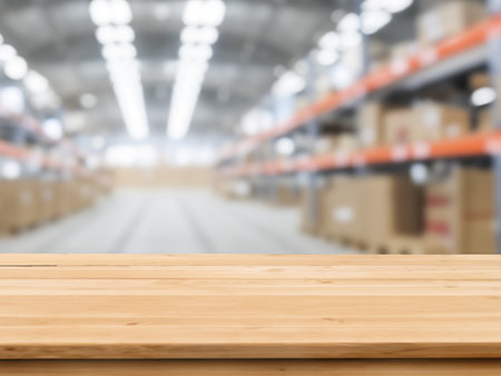 Wooden table top on blurred warehouse background, product display montageの写真素材