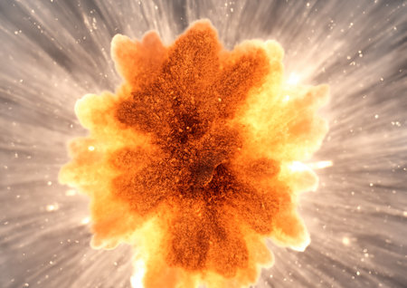 3d illustration of abstract orange explosion with rays of light and smokeの写真素材