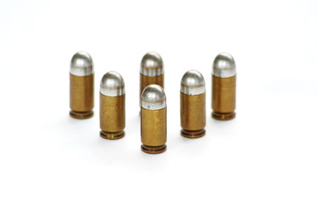 Silver pistol bulltes, 9mm, isolated white background