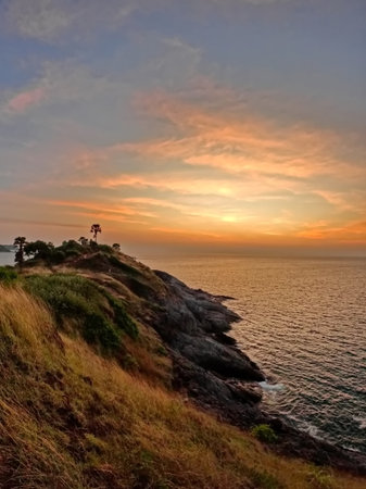 Sunset View from Promthep cape on the sea, Phuket, Thailandの写真素材