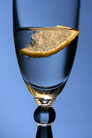 Lemon in glass with mineral waterの写真素材