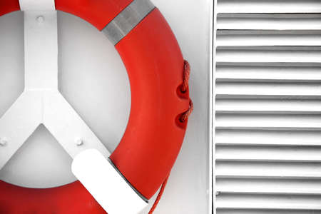 Life saver attached on boatの写真素材