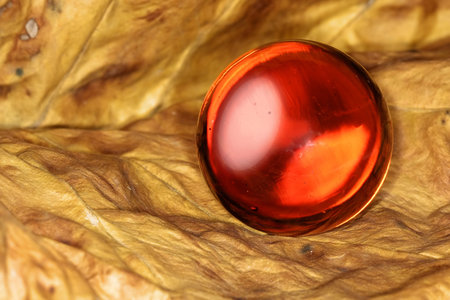 Red glass ball on brown leafの写真素材