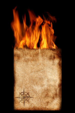 Old paper with compass and flamesの写真素材
