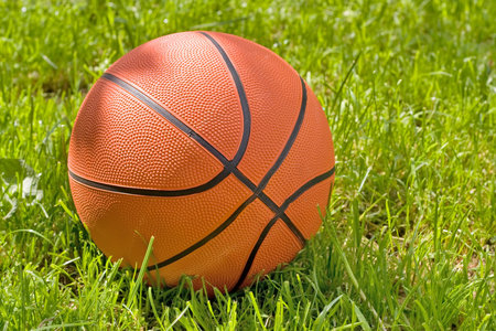 Orange basketball on green grassの写真素材