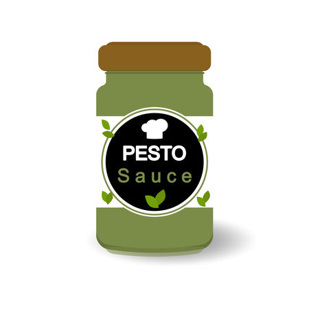 Pesto sauce in a glass jar isolated on a white background. vector illustration.のイラスト素材